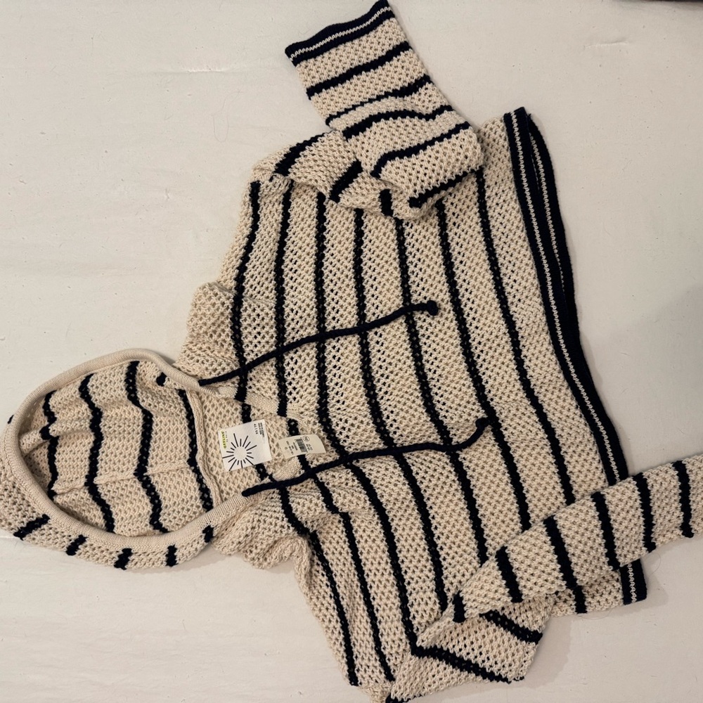 aerie Cream and Black Striped Knit Hoodie